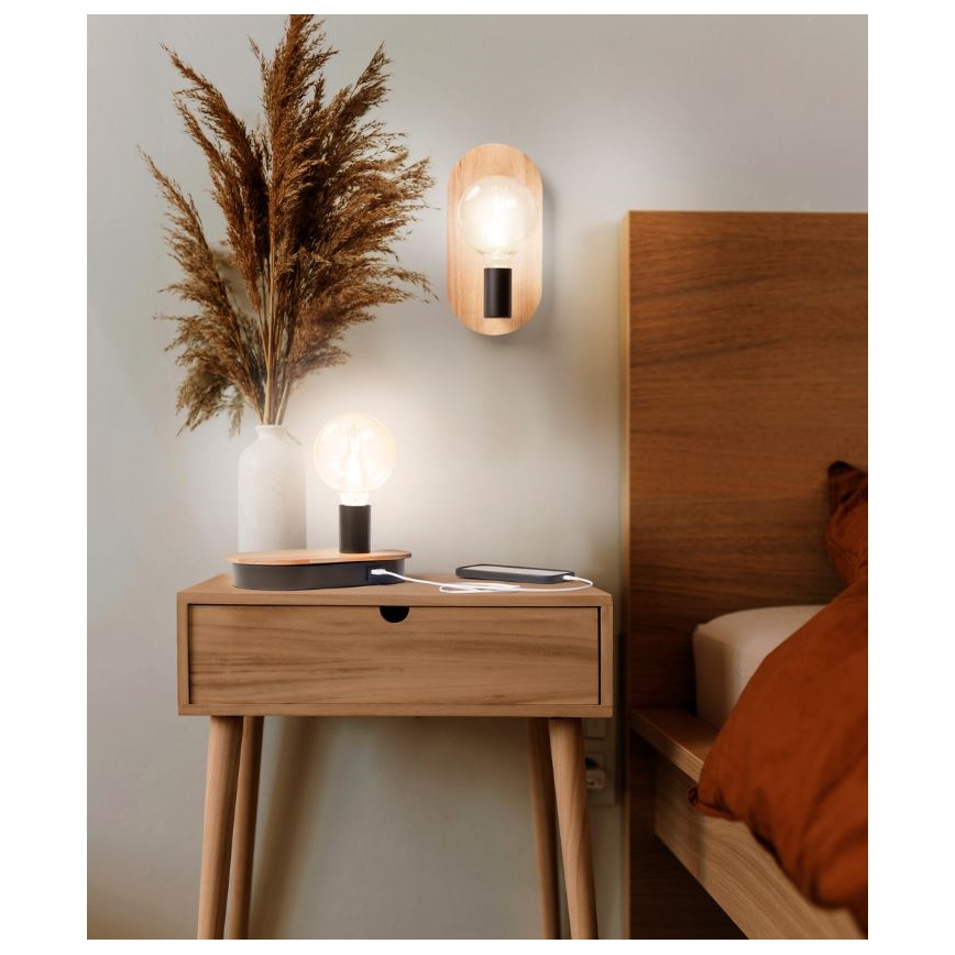 Ledvance - Lámpara de mesa táctil con conector USB DECOR WOOD 1xE27/8W/230V árbol del caucho