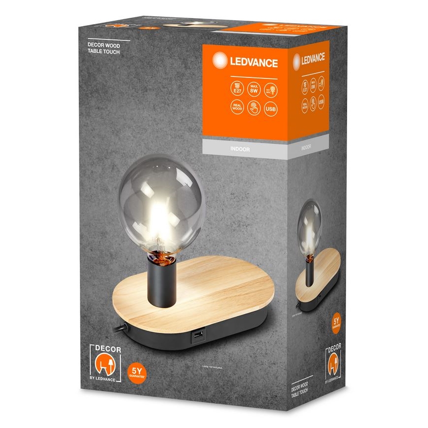 Ledvance - Lámpara de mesa táctil con conector USB DECOR WOOD 1xE27/8W/230V árbol del caucho