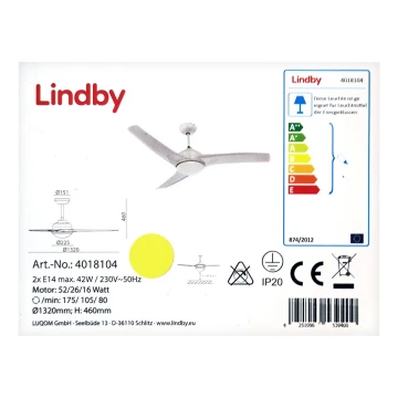 Lindby - Ventilador de techo EMANUEL 2xE14/42W/230V + mando a distancia