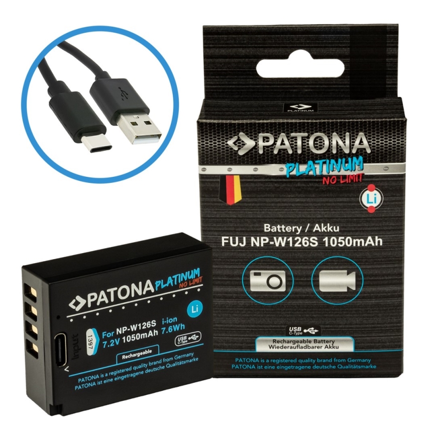 PATONA - Batería Fuji NP-W126S 1050mAh Li-Ion Platinum cargador USB-C