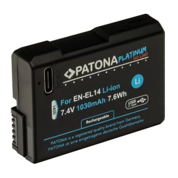 PATONA - Batería Nikon EN-EL14/EN-EL14A 1030mAh Li-Ion Platinum cargador USB-C