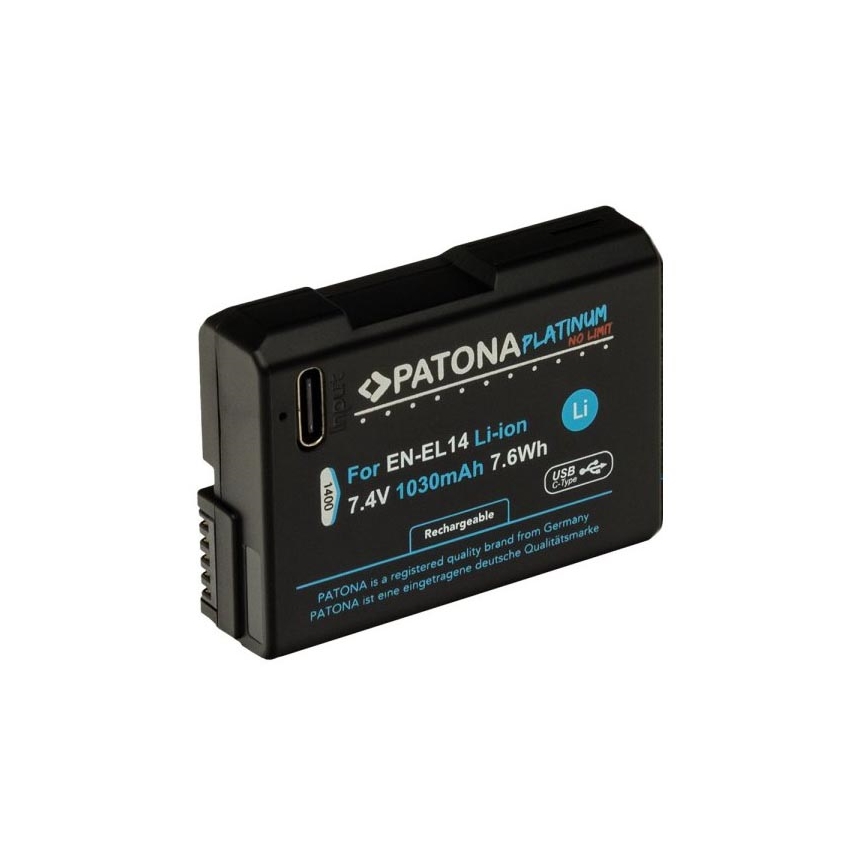 PATONA - Batería Nikon EN-EL14/EN-EL14A 1030mAh Li-Ion Platinum cargador USB-C