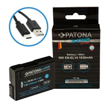 PATONA - Batería Nikon EN-EL14/EN-EL14A 1030mAh Li-Ion Platinum cargador USB-C