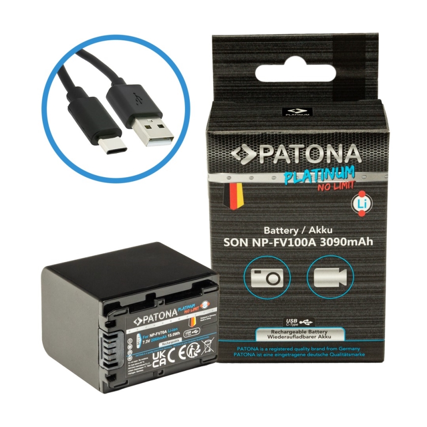 PATONA - Batería Sony NP-FV100 3090mAh Li-Ion Platinum cargador USB-C