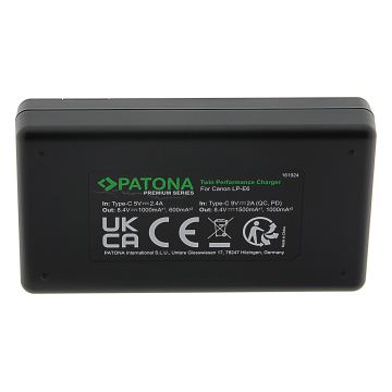 PATONA - Cargador rápido Dual Canon LP-E6 + cable USB-C 0,6m