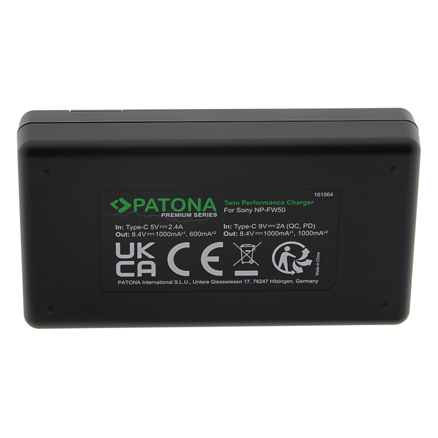 PATONA - Cargador rápido Dual Sony NP-FW50 + cable USB-C 0,6m