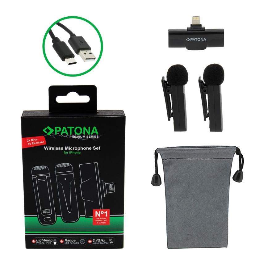 PATONA - SET 2x Micrófono inalámbrico con clip para iPhones USB-C 5V