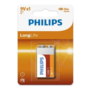 Philips 6F22L1B/10 - Batería de cloruro de zinc 6F22 LONGLIFE 9V 150mAh