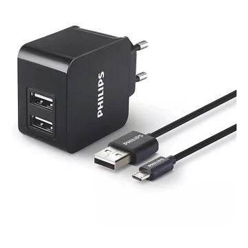 Philips DLP2307U/12 - Adaptador de carga 2xUSB/15,5W/230V + cable micro USB 1m