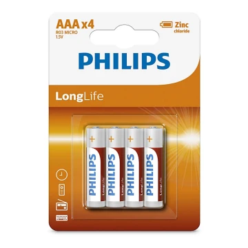 Philips R03L4B/10 - 4 pz. Batería de cloruro de zinc AAA LONGLIFE 1,5V 450mAh