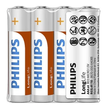 Philips R03L4F/10 - 4 pz. Batería de cloruro de zinc AAA LONGLIFE 1,5V 450mAh