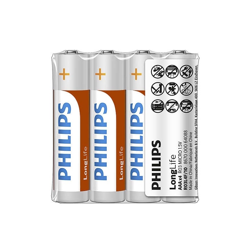 Philips R03L4F/10 - 4 pz. Batería de cloruro de zinc AAA LONGLIFE 1,5V 450mAh