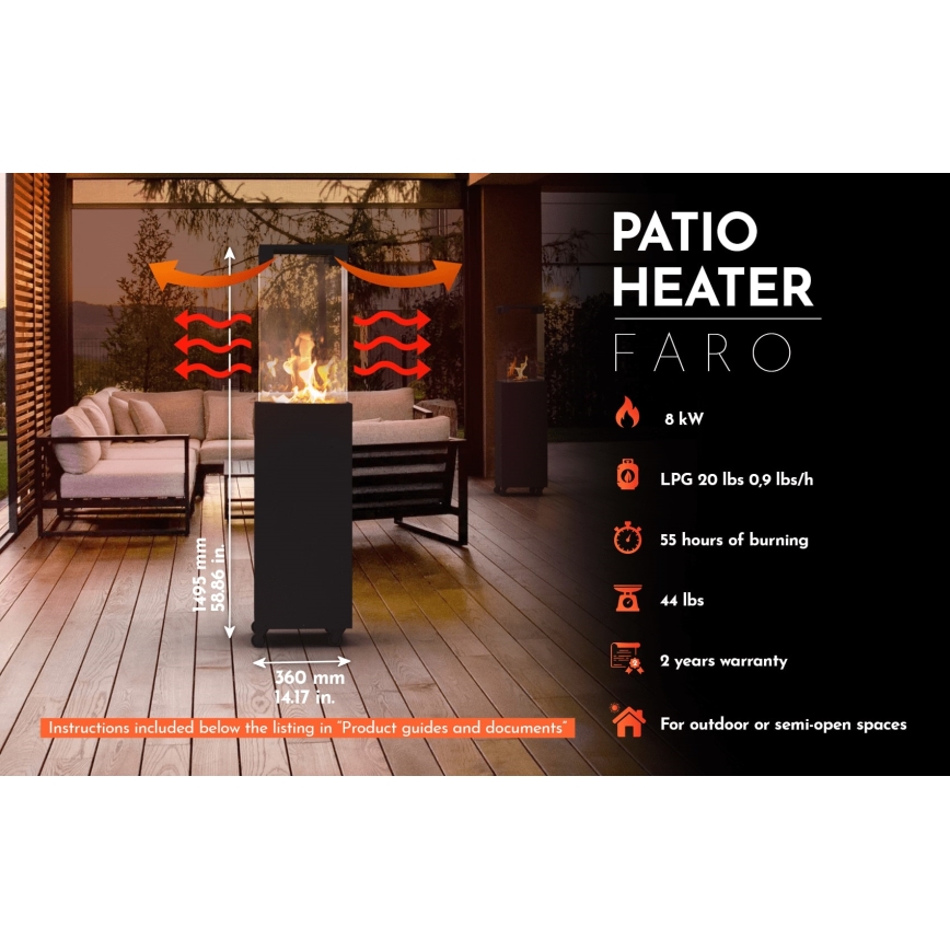 Planika - Chimenea de gas para exteriores 149,5x36 cm 8kW negro + funda protectora