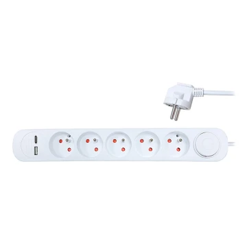 Regleta con interruptor 5Z + 2xUSB 3m blanco