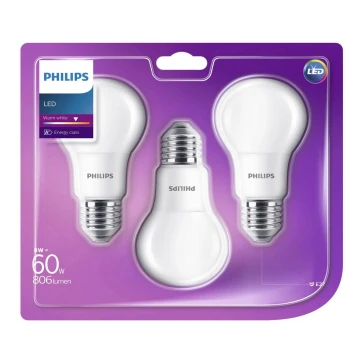 SET 3x Bombilla LED Philips E27/8W/230V 2700K
