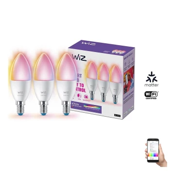 SET 3x Bombilla LED RGBW regulable C37 E14/4,9W/230V 2200-6500K CRI 90 Wi-Fi - WiZ