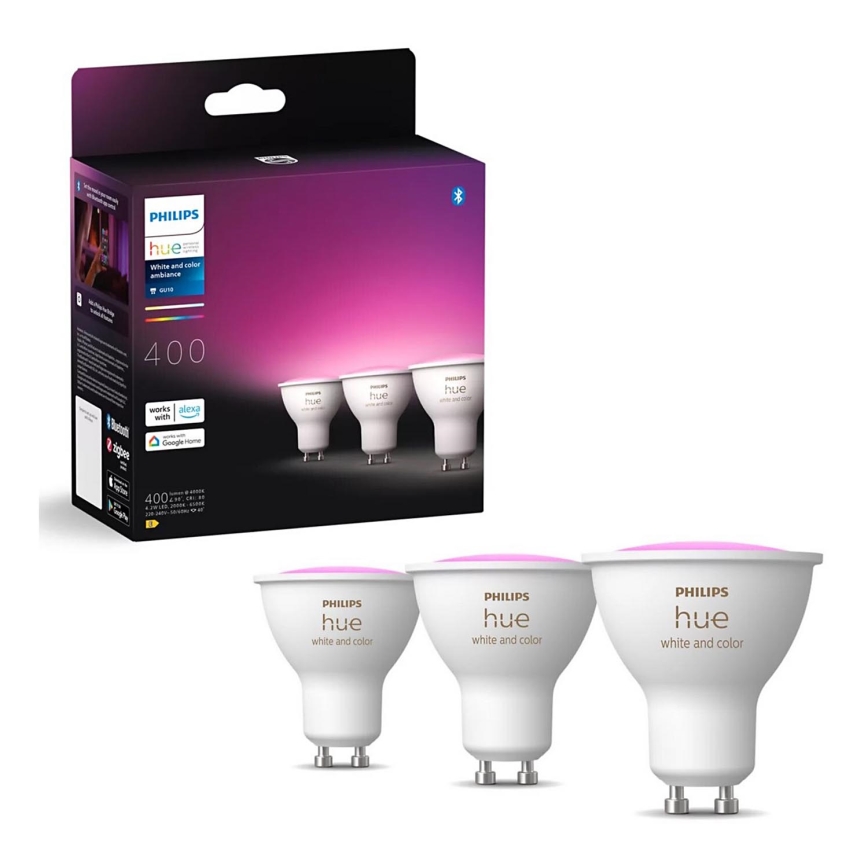 SET 3x Bombilla LED RGBW regulable Philips Hue WHITE AND COLOR AMBIANCE GU10/4,2W/230V 2000-6500K