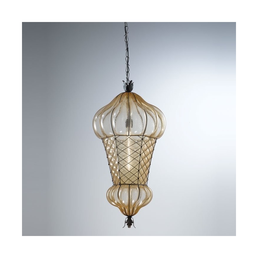 SIRU - Lámpara colgante con cadena BABÀ 1xE27/60W/230V diá. 30 cm beige/marrón Vidrio veneciano