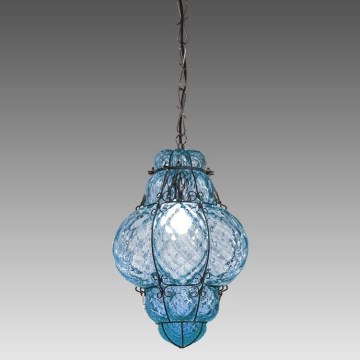 SIRU- Lámpara colgante con cadena CLASSIC 1xE27/60W/230V diá. 30 cm azul/negro Vidrio veneciano