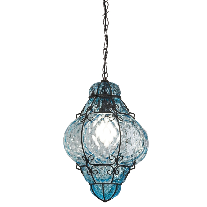 SIRU- Lámpara colgante con cadena CLASSIC 1xE27/60W/230V diá. 30 cm azul/negro Vidrio veneciano