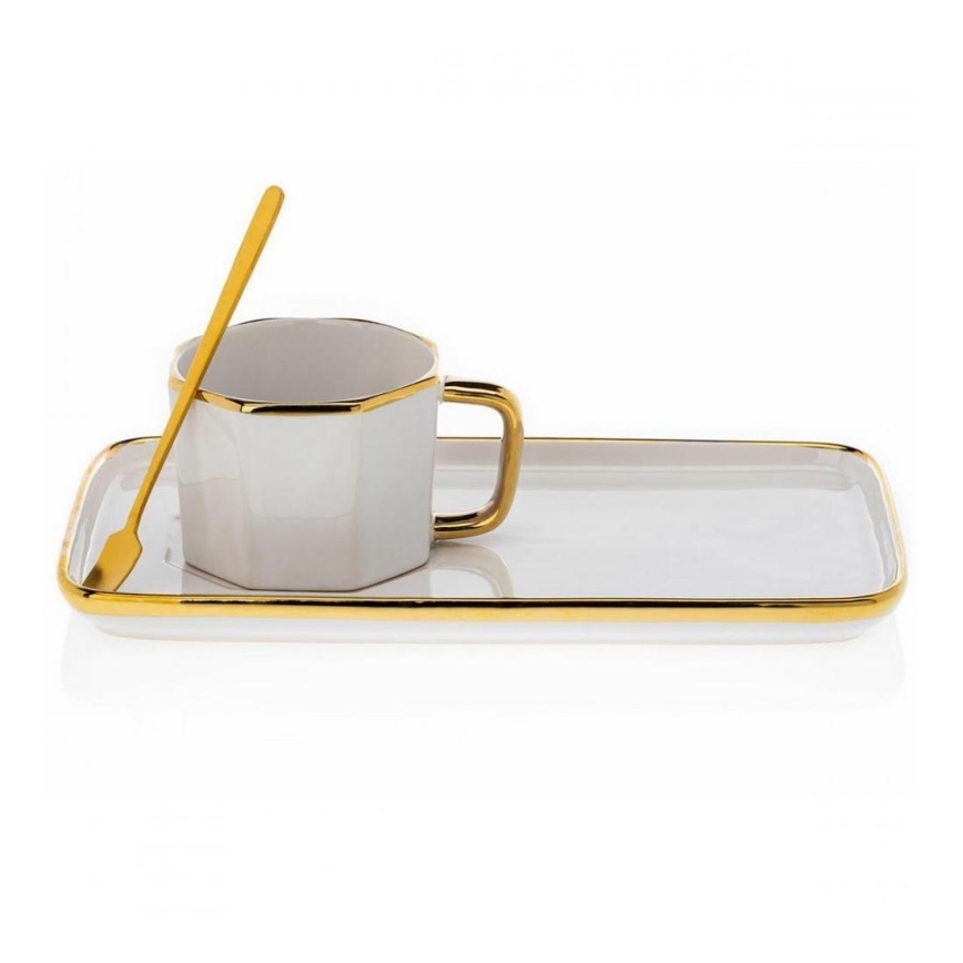 Taza con platillo y cuchara SURI crema/dorado