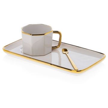 Taza con platillo y cuchara SURI crema/dorado