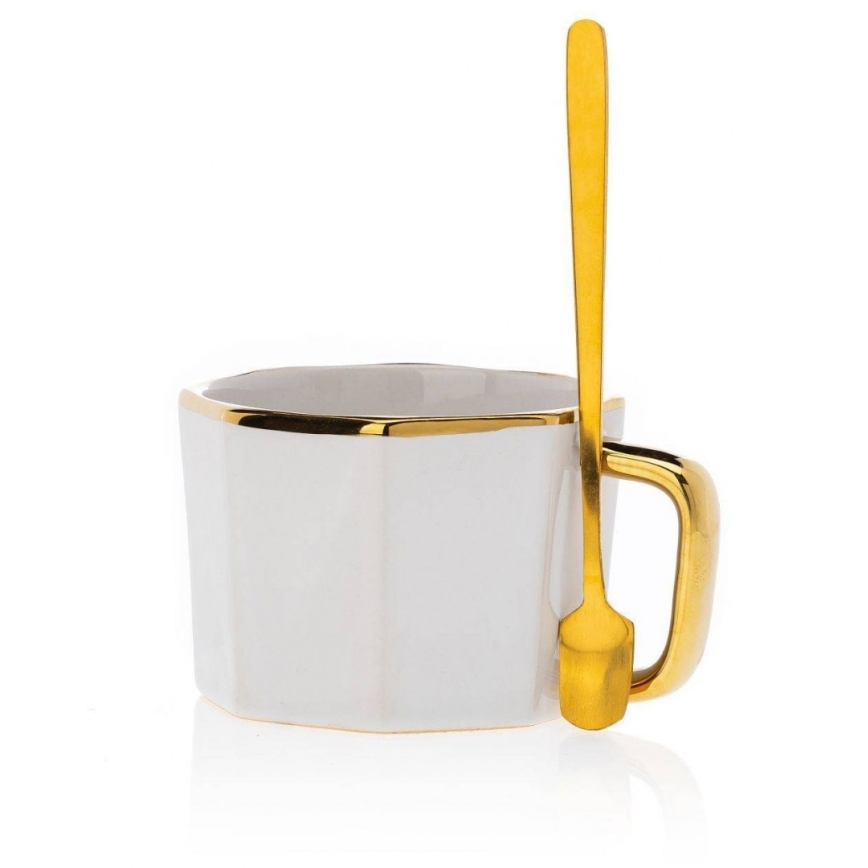 Taza con platillo y cuchara SURI crema/dorado