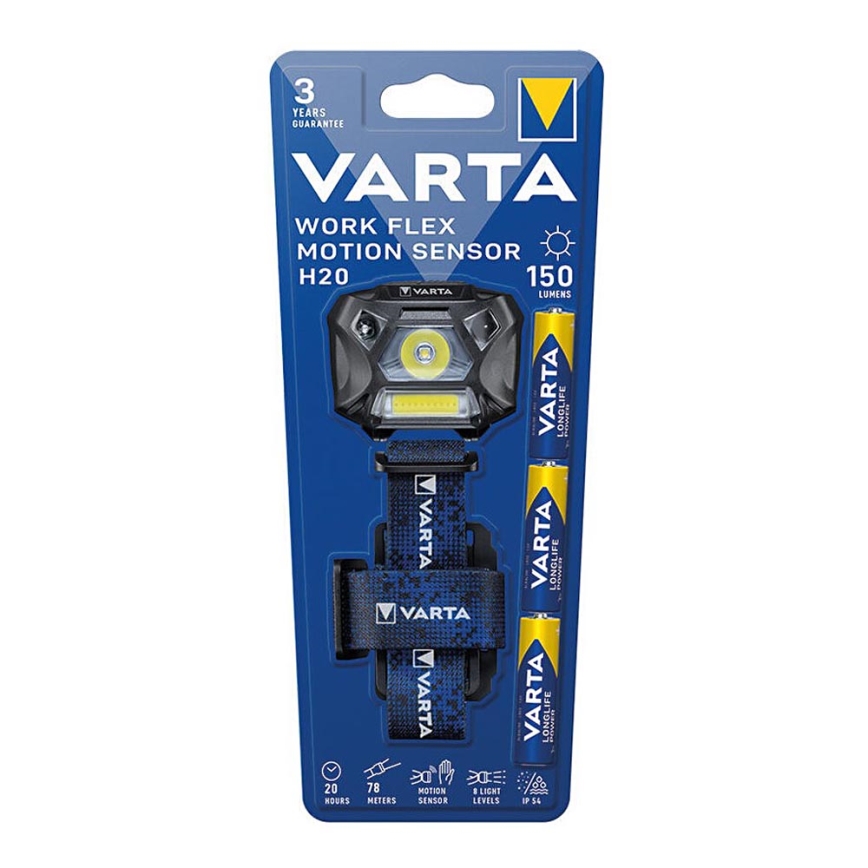 Varta 18648101421 - Linterna frontal LED regulable con sensor WORK FLEX LED/3xAAA IP54
