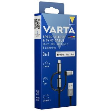 Varta 57937101111 - Cable USB 3en1 con conector Lightning y Micro USB 2m