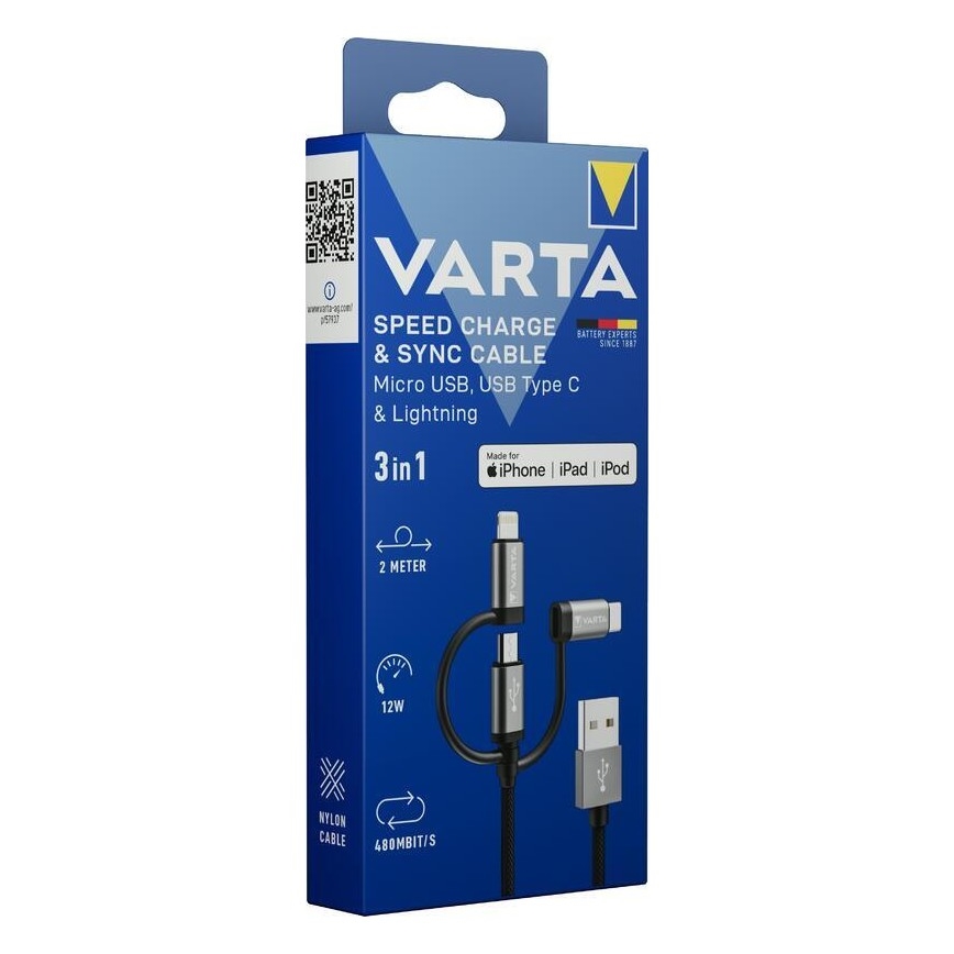 Varta 57937101111 - Cable USB 3en1 con conector Lightning y Micro USB 2m